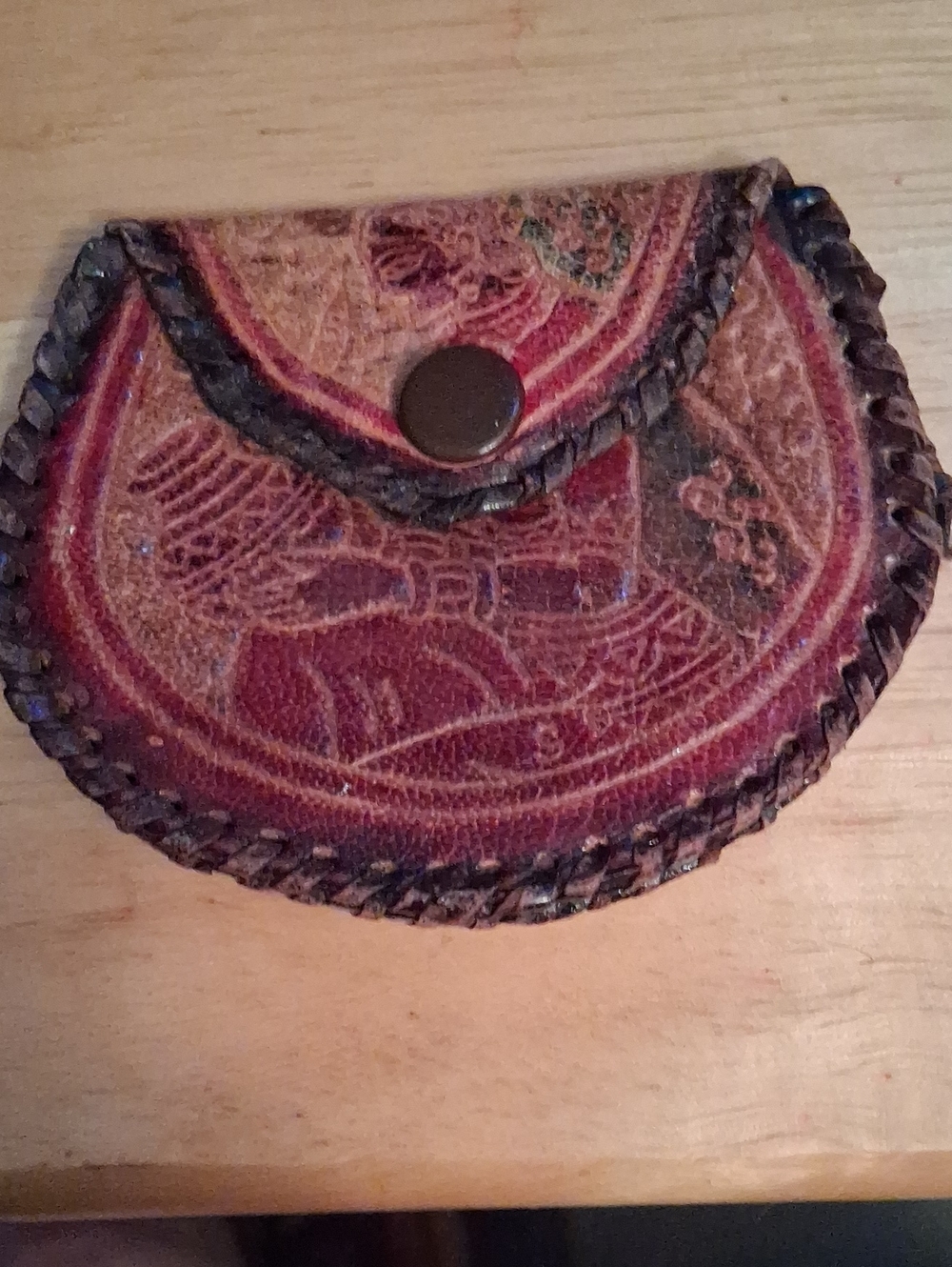 Handcrafted Mexican Red Leather Coin Pouch - 1960's Vintage